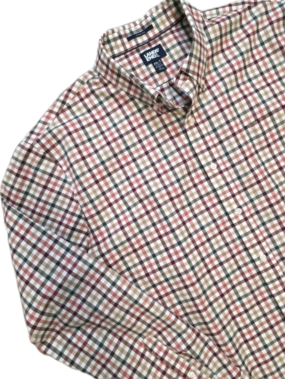 Lands End Mens Plaid Long Sleeve Button Down Shirt Size XXL Tall 18 No Iron Work